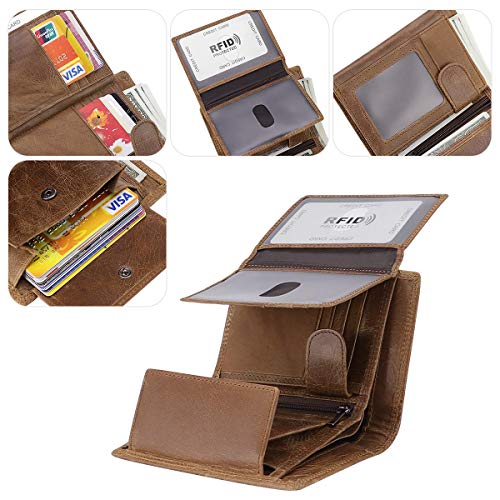 Trifold Billfold RFID Blocking Cowhide Leather Wallet for Men 10 Card Slots 2 ID Windows with Coin Pocket - color: Brown