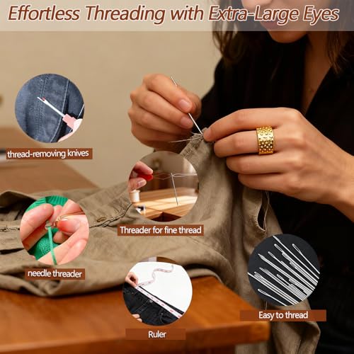 Vilenga 75 Pcs Sewing Tool Set, 3000 Yard | Big eye steel needles, 10 thread rolls, strawberry pin cushion, denim hand repair for beginner portable travel craft