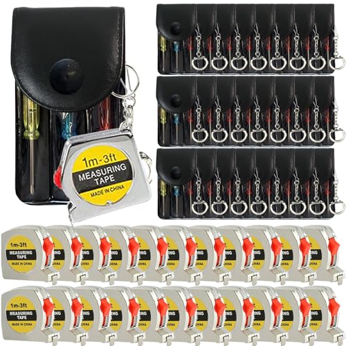 48 Pcs Mini Screwdriver Keychain Tape Measure Keychains Set Keychain Tape Measure Mini Screwdrivers in Pouch Keychain for Birthday Party Favors ，Adult Tool Party Prize for Father's Men Gifts
