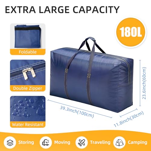 Extra Large travel duffel bag with Strong Handles, 180L Waterproof duffel bag, Durable Zippers, Extra Large Storage Totes for Space Saving and Moving Supplies, Blue - color: Blue, size: XL - 39.4″ × 11.8″ × 23.6″