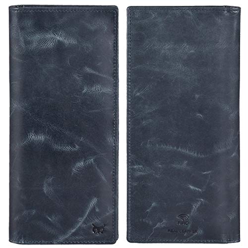Long Wallet for Men Women Leather Slim Bifold RFID Blocking Card Holder | Real Top Grain Leather, Stylish 18 Credit Card Slots, 2 ID Windows, 2 Currency Sleeves, Gift Box, (Navy, Wax Pull Up) - color: Navy Wax Pull Up