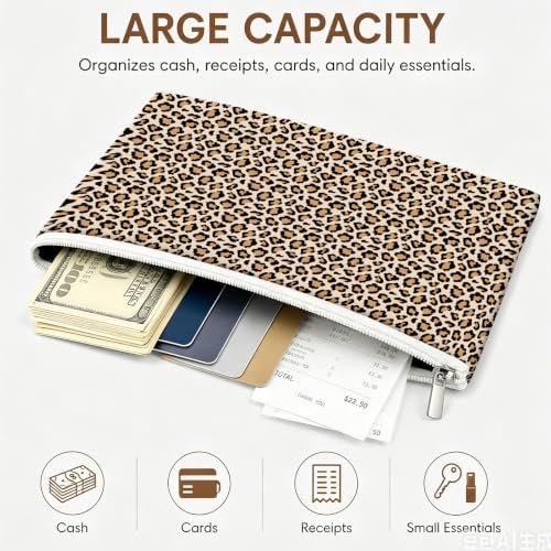 Money Bag with Zipper, Cute PU Leather Cash Bags, Portable Bank Bag Money Pouch for Cash, Coins, Checks, Receipts, Invoices Cosmetics Tools, Deposit Bag for Office Travel, Leopard - color: Leopard