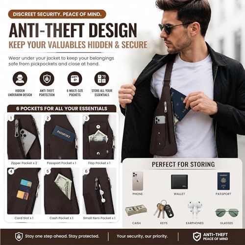 Leather Adjustable Underarm Shoulder Bag for Men,Men Anti-Theft Underarm Wallet Pocket Holster Phone Leisure Double Shoulder - color: Brown