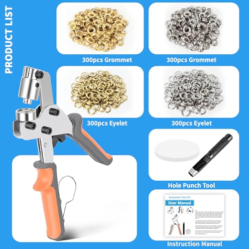 Heavy Duty Grommet Tool Kit - 600 Sets 3/8" Grommets, Manual Press Eyelets Tool with Hole Punch for Tarp Fabric Leather Banner Canvas Tents Vinyl Crafts (3/8" 600Sets - Silver & Gold) - size: 3/8in-600Sets Silver+Gold