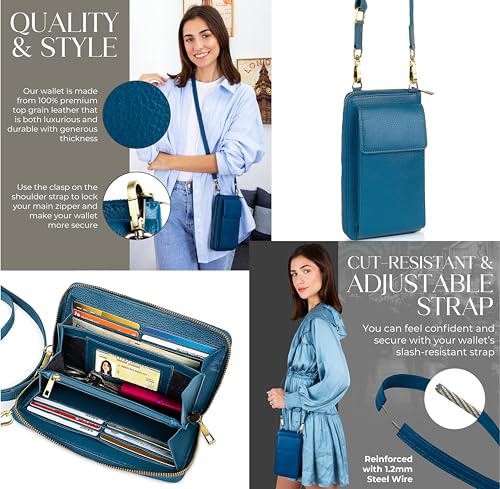BULL GUARD Crossbody Bag for Women, Leather Phone Wallet Purse with Adjustable Anti Theft Strap & RFID Blocking 12 Card Slots - color: Celestial Blue Moon Chai - Small