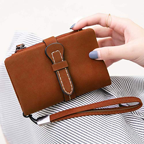 AOXONEL Women's Small Bifold Leather wallet Rfid blocking Ladies Wristlet with Card holder id window Coin Purse - color: Brown3