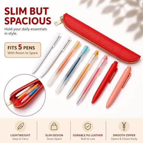 Slim Pencil Case Skinny Pen Case Pen Pouch (FL Bright Red) | Smooth gold zipper; wipe-clean faux leather; fits a few gel writers and a stylus; slips into planners backpacks and totes - color: Bright Red
