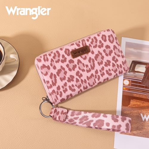 Wrangler Pink Wallet for Women Ladies Female Leopard Print Large Wristlet Wallets, Card Cases & Money Organizers Clutch Phone Wallets Western Credit Card Zipper Wallet with RFID Lining - color: Leopard-Pink