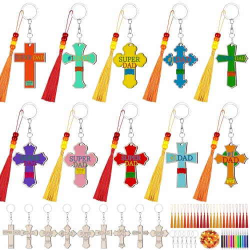Cinrobiye 24 Set Religious Father’s Day Craft Kits, DIY Wooden Keychain Making Set with Paint Pens, Beads & Tassels, Bulk Christian Craft Activity Kit for Sunday School, Church VBS & Party Favors - style: Dad 2