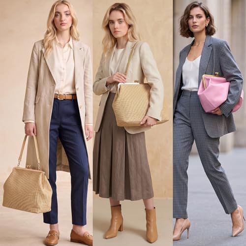 Kiss Lock Frame Handbag, PU Leather Shoulder Tote Bag Messenger Hobo Clutch Purse for Women Formal Work Leisure - color: Straw Apricot