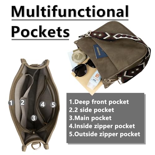Crossbody Bag for Women Wide Guitar Strap Multi-Pocket Hobo Bag - color: Forest Green