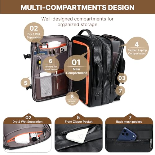 Carry On Backpack, 40L Expandable Travel Backpack, Black | Airline Approved, Laptop Compartment, Water Resistant, Business Travel Bags, Men Women Weekend Trip - color: Black