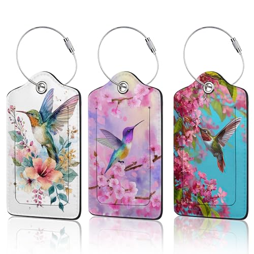 Hummingbird Flowers 3 Pack Luggage Tags for Suitcases, Cute Leather Name Tag with Privacy Cover with Stainless Steel Loops, Travel ID Bag Tags for Women Men - color: Hummingbird Flowers