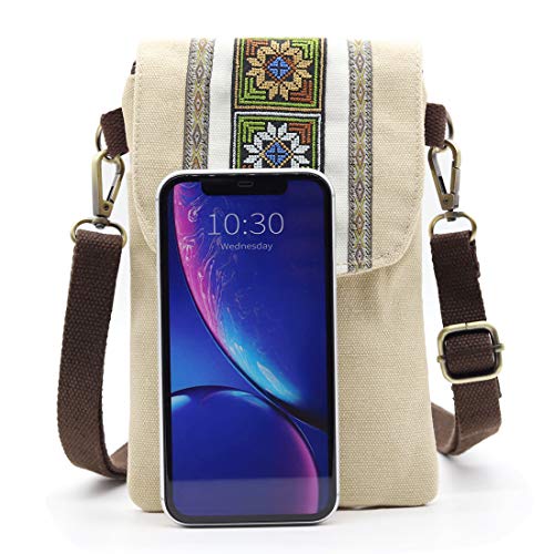 SILKAREA Vintage Embroidered Canvas Flip Small Crossbody Bag Cell Phone Pouch for Women Wristlet Wallet Bag Coin Purse - color: Khaki