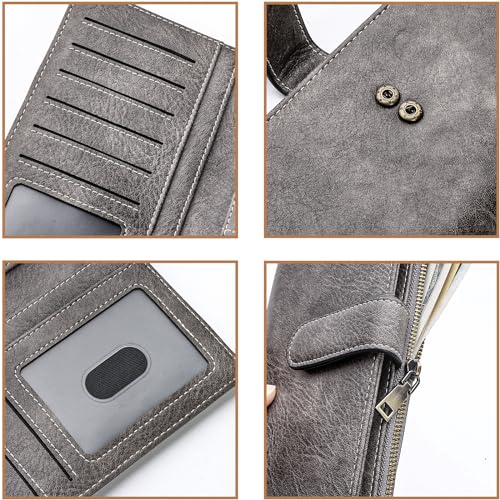 XINNSTAR Womens Wallet RFID Blocking Large Capacity Credit Card Holder Long Purses for Women with Wristlet Pocket ID Window - color: Gray