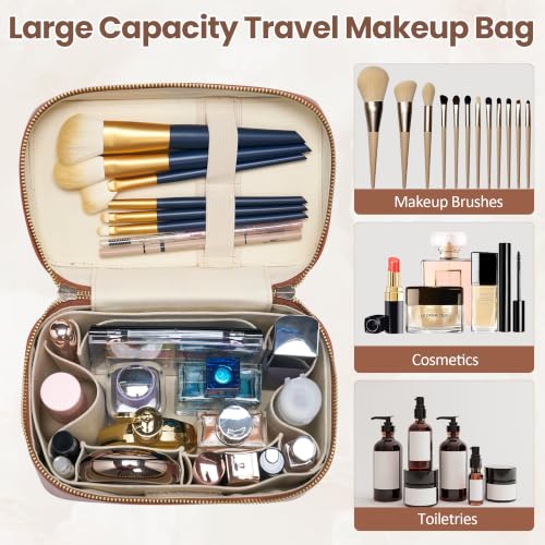 PU Leather Travel Makeup Bag Hard Cosmetic Organizer Vanity Case for Women - color: Brown