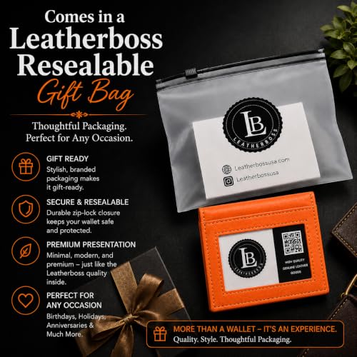LB LEATHERBOSS Slim Thin Leather Credit Card Triple ID Window Mini Wallet Bifold Driver License Safe (Orange) - color: Orange