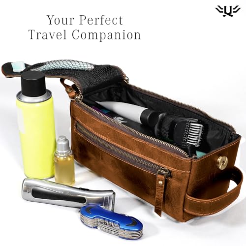 Premium Handmade Genuine Leather Toiletry Bag for Men & Women, Dopp Kit & Shaving Travel Organizer, Cosmetic Wash Bag with Zipper Pocket Travel Pouch, Gift for Him & Her - Tan Brown - color: Tan (Large)