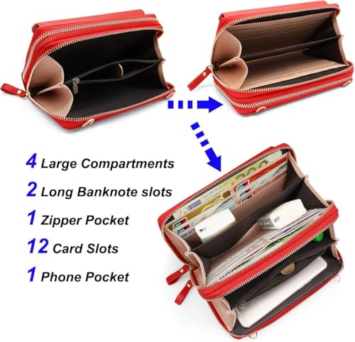 Women Leather Wallet Crossbody Shoulder Bag with Double Zipper and Mobile Phone Purse with Shoulder Strap - color: 109-red