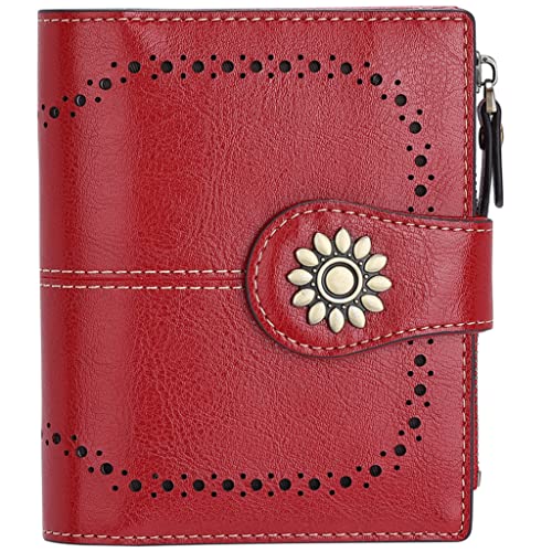 Womens Leather Wallet Small Compact RFID Blocking Credit Card Case Purse with Zipper Pocket | Small - color: Dark Red