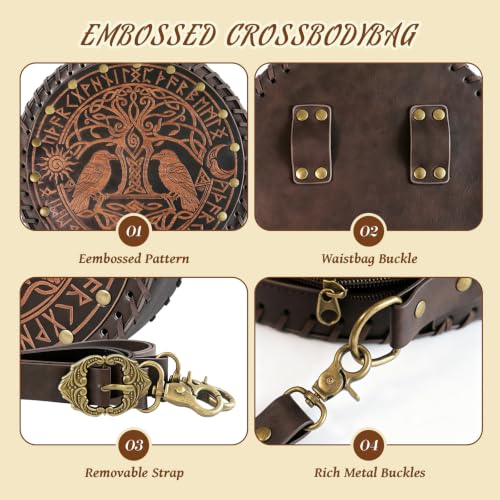 Medieval Viking Round Faux Leather Shoulder Bag, Tree of Life Raven Rune Crossbody Purse, Renaissance Bag for Women, LARP Cosplay Accessories, Norse Fantasy Belt Pouch & Leather Belt Bag - color: Brown Black