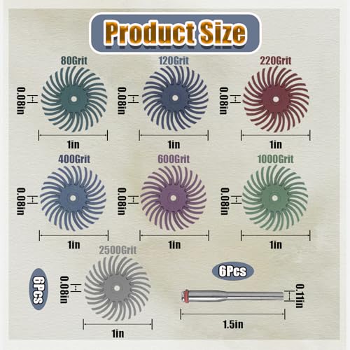 42pcs 1" Radial Bristle Disc Kit with 1/8" Shank for Rotary Tool Mixed Grit 80/120/220/400/600/1000/2500 Abrasive Brush Gap Polishing Pad Buffing Wheel for Jewelry Wood Metal Polishing