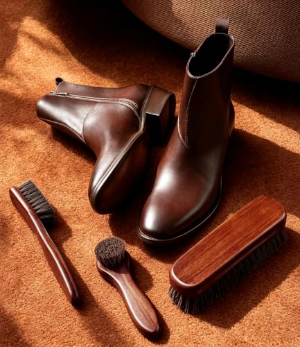 4-Piece Horsehair Shoe Shine Kit, Leather Care Set with Brush | Includes horsehair brushes, detailing brush and microfiber cloth for cleaning and polishing shoes, boots & leather goods