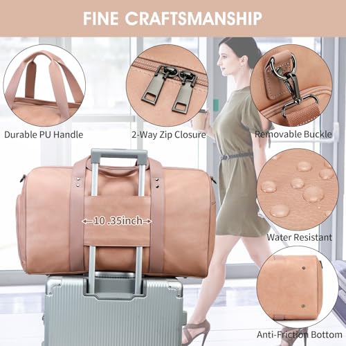 3PCS Faux Leather Weekender Bag for Women Men Travel Bag Overnight Bags | Leather Travel Duffel Bags for Traveling with Shoe Compartment Toiletry Packing Cube Carry On Tote Bag Men Fit 21.5" Laptop - color: Pink