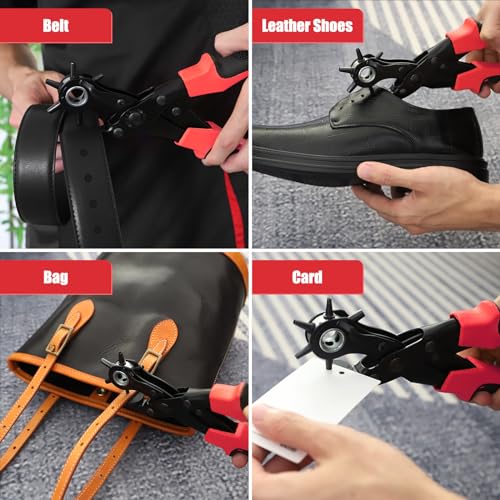 Diyife Leather Hole Puncher, Full Set Punch Tool Kits for Belts, Leather | Double-lever Design, Sturdy & Durable, Safety Locking Handles, 3 Extra Punch Plates Included, 6-Size Quick Adjustment, Red - color: Red