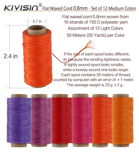 150D Flat Waxed Polyester Thread 0.8mm, 55 Yards 12 Spools, Wax Coated Strings for Leather Sewing, Hand Stitching, Braiding, Bookbinding, Micro Macrame, and Jewelry Making -12 Medium Colors - color: 12 Medium Colors, size: 0.8mm