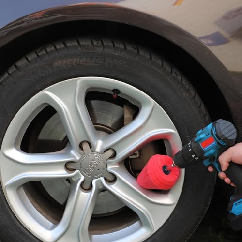 SPTA Metal Polishing Tool, Auto Cone Metal Polish Buffing Polishing Ball, Drill Buffing Sponge Pads Buffing Wheel for Drill Foam, Sponge Buffing for Automotive Car Wheel Hub Care - color: Red Cone Polishing Ball