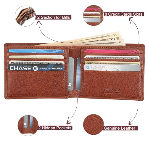 Mens Genuine Leather Bifold Wallet RFID Blocking 8 Credit Card Slots 2 Sections for Bills & 2 Additional Slots | Tan - color: Tan, size: 8 Card + 0 ID