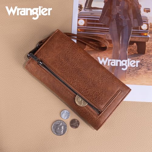 Montana West X Wrangler Womens Wallet Large Capacity Long Compact | Brown Wallet Women Rfid Large Wristlet Trifold Women's Wallets Card Cases & Money Organizers with Detachable Wrist Strap - color: Trifold-Brown