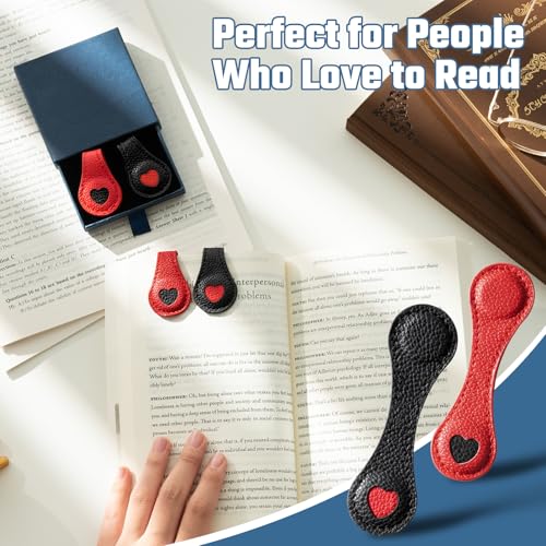 Ovesmusl 2Pcs PU Leather Heart Magnetic Bookmarks with Pen Holder | Red and black set with double-sided magnets, gift box included, for books, notebooks, magazines, readers and teachers - style: Heart (Red+Black)