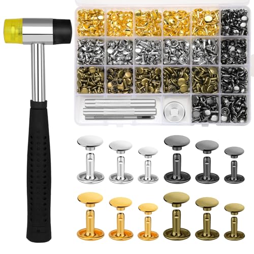 TLKKUE 360 Sets Leather Rivets 4 Colors Double Cap Rivets Tubular | 3 Sizes with Rubber Hammer Fixing Tool Kit 4 Pieces for DIY Leather Craft Clothes Shoes Decoration and Repair - color: 4 Colors 360 Sets