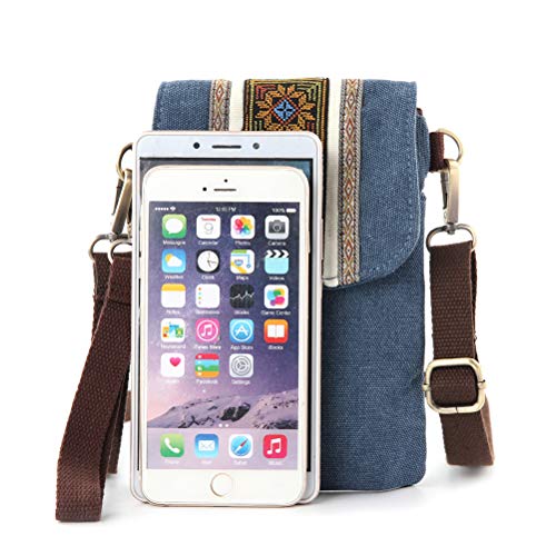 SILKAREA Vintage Embroidered Canvas Flip Small Crossbody Bag Cell Phone Pouch for Women Wristlet Wallet Bag Coin Purse - color: Navy Blue