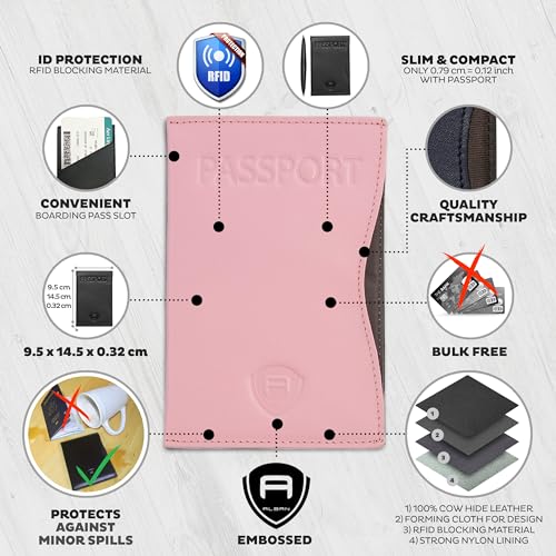 Alban RFID Passport Holder for Women & Men, Genuine Leather Passport Cover - color: Pink