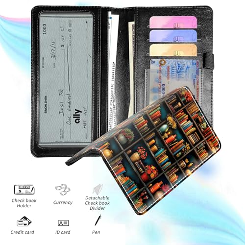 Check Book Cover for Personal Checkbook, Leather Business Checkbooks Plastic Insert Flap Card Holder Pen Hoop Holder with RFID Blocking Slim Wallet for Duplicate Checks Women Men, Library - color: Library
