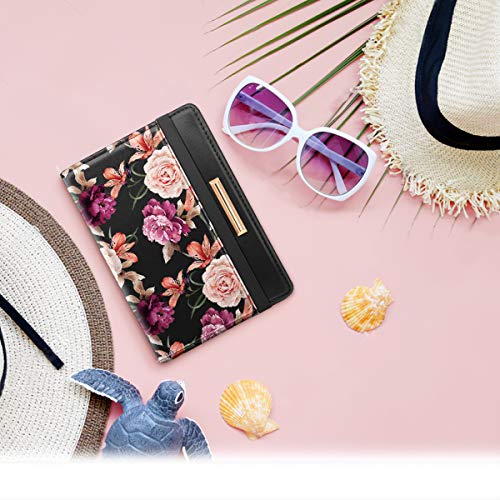 Coco Rossi Passport Holder Cover RFID Cute Slim Travel Wallet Women | Travel Essentials, Passport Book Holders, Passport Cover Case, PU Leather, Thin Card Holder, Spliced Design, Black Flower - color: Black Flower