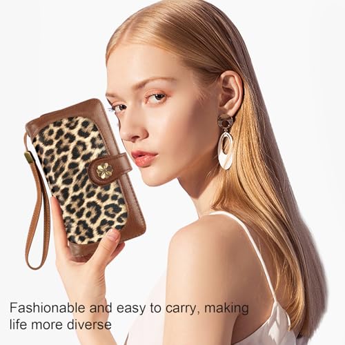 Coco Rossi Light Leopard Print Wallet for Women Large Capacity Long Purse | RFID Blocking, Clutch, Multi Card Holder Wallet, Ladies Purse with Wrist strap Purse, Sunflower Snap Button - color: Light Leopard Print