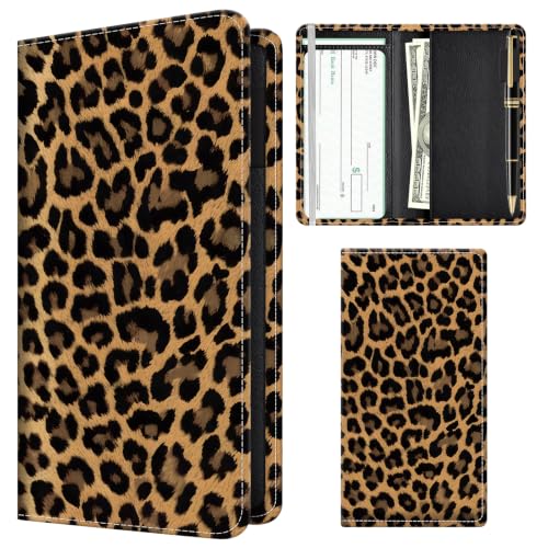 Checkbook Cover for Personal Checkbook, Cute Pu Leather Check Book for Women & Men, Slim Checkbook Holder with Pen Holder and Built-in Clear Plastic Divider, Dark Leopard - color: Dark Leopard