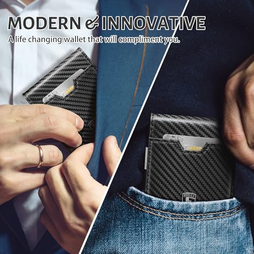 GSOIAX Men's Slim RFID Blocking Leather Wallet with Money Clip | Minimalist Carbon Fiber Bifold Credit Card Holder | 11 Card Slots | Gift Box Included(Carbon Yellow) - color: Carbon Yellow