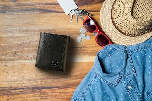 Stealth Mode Leather Trifold RFID Wallet For Men With Flip Out ID Holder - color: Black Crunch