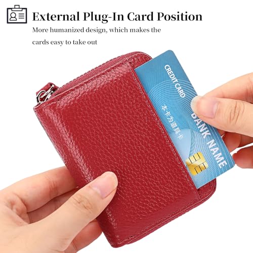 SENDEFN RFID Credit Card Holder for Women Small Leather Zipper Card Case Wallet 15 Slots - color: J-Red