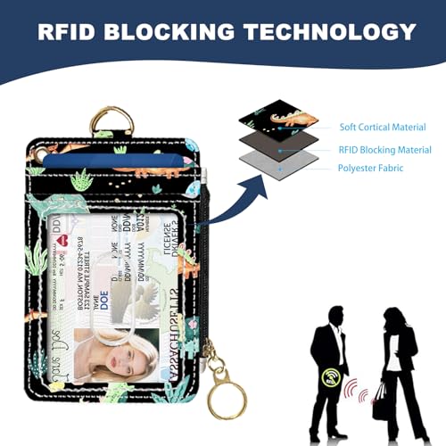 Slim Wallet Credit Card Holder, Dinosaurs, RFID Wallet Women Cute Small Front Pocket Wallet With Zipper, PU Leather Thin travel RFID Blocking Card Case ID Window ,Ladies Gifts - color: Dinosaurs