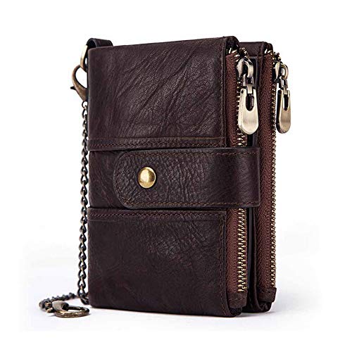 boshiho Genuine Leather Bifold Chain Wallet for Men RFID Blocking - color: Coffee