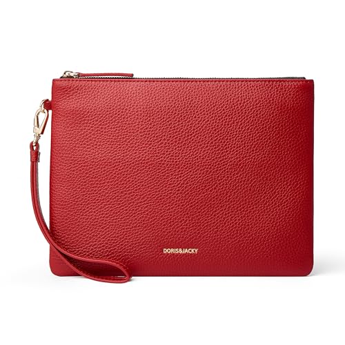 DORIS&JACKY Women Leather Clutch Purse and Phone Wallet with Wristlet Strap - color: Red