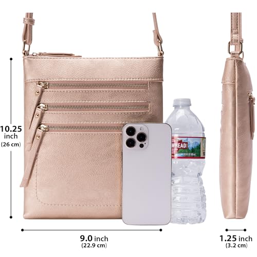 Solene Crossbody Bag Functional Multi Pocket Messenger Purse Top Zip Closure Shoulder Handbag With Adjustable Strap - color: Rose Gold