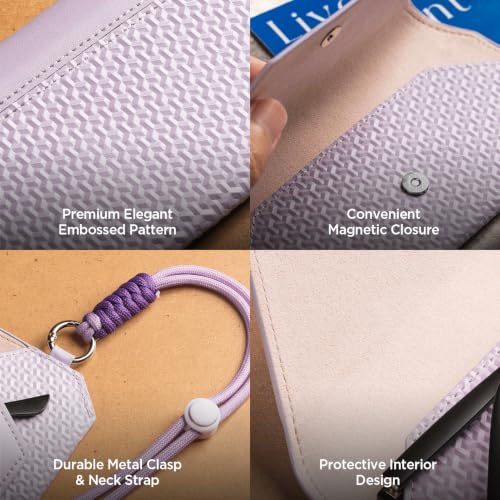 VULKIT Portable Leather Eye Glasses Case for Women & Men, Slim Sunglass Case, Unisex Eyeglass Case - color: Lavender Mist With Lanyard