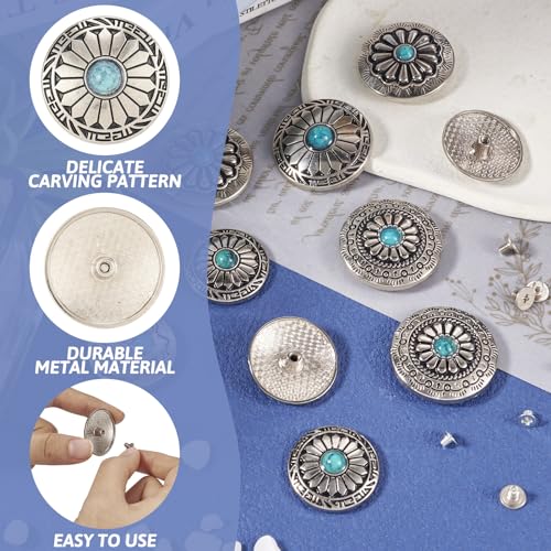 36pcs/12 Sets Flower Decoration Rivets Studs Faux Turquoise Rivets Leather Decorative Conchos Round Vintage Western Style Conchos Metal Rapid Rivet for DIY Shoes Bag Belt - color: #03-Faux Turquoise-12 Sets